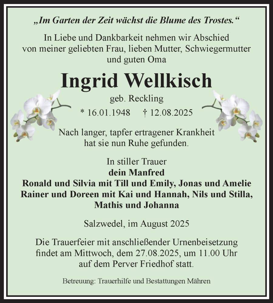  Traueranzeige für Ingrid Wellkisch vom 15.08.2025 aus Volksstimme Altmark West