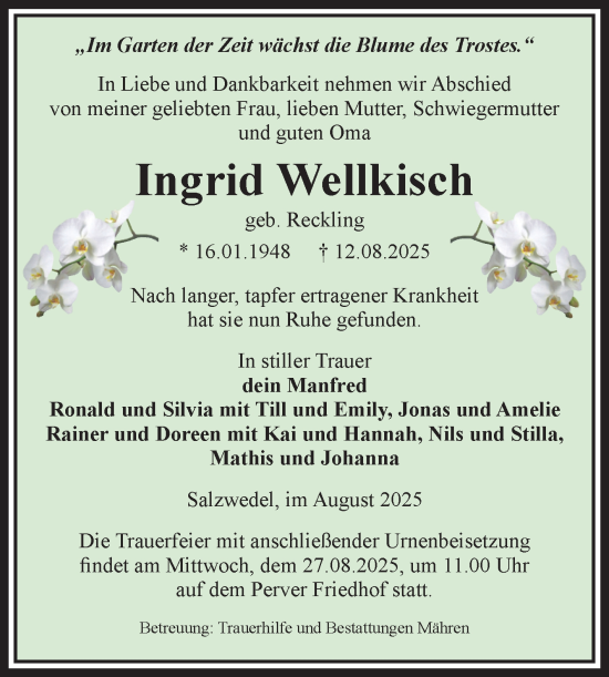 Traueranzeige von Ingrid Wellkisch von Volksstimme Altmark West
