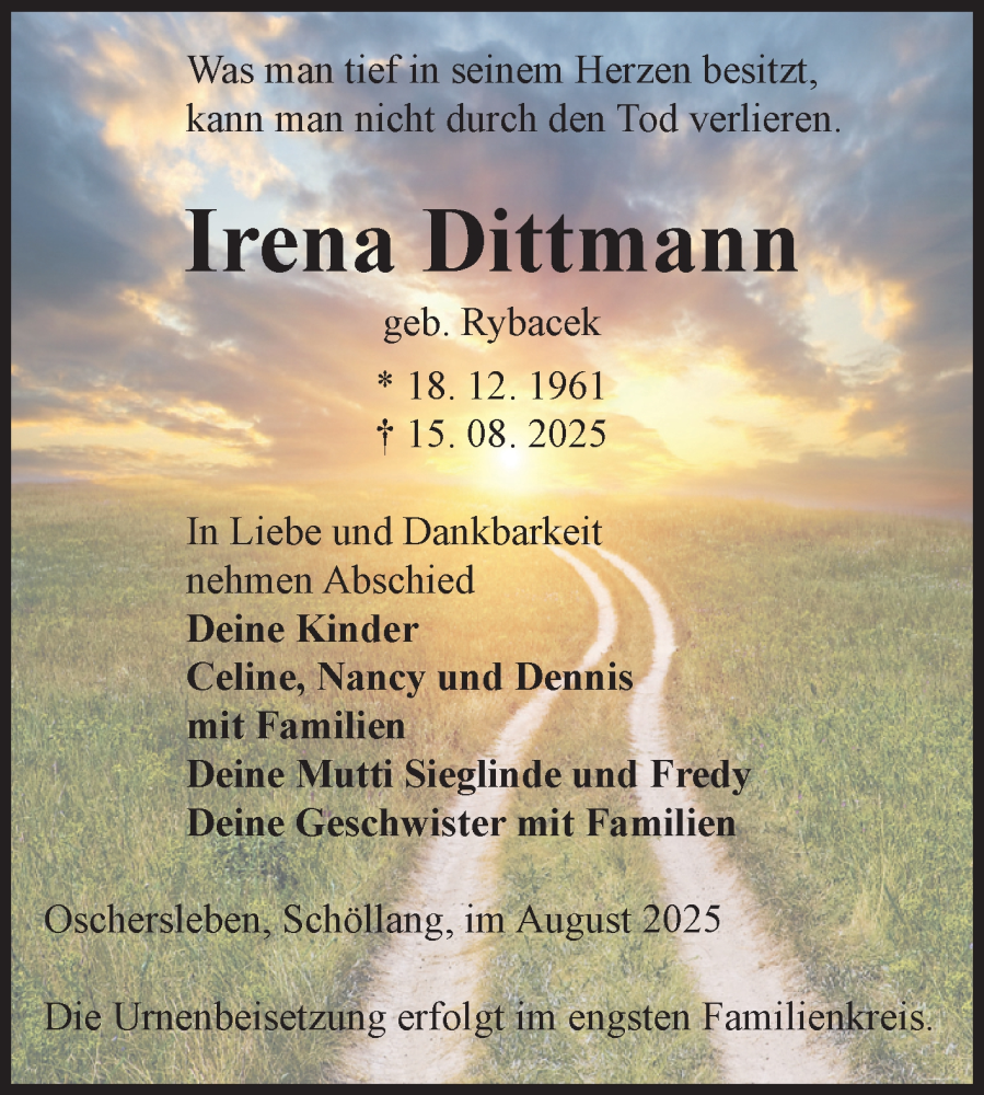  Traueranzeige für Irena Dittmann vom 23.08.2025 aus Volksstimme Oschersleben/Wanzleben