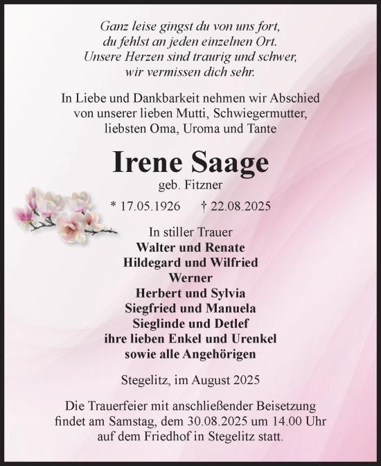 Traueranzeige von Irene Saage von Volksstimme Burg/Genthin
