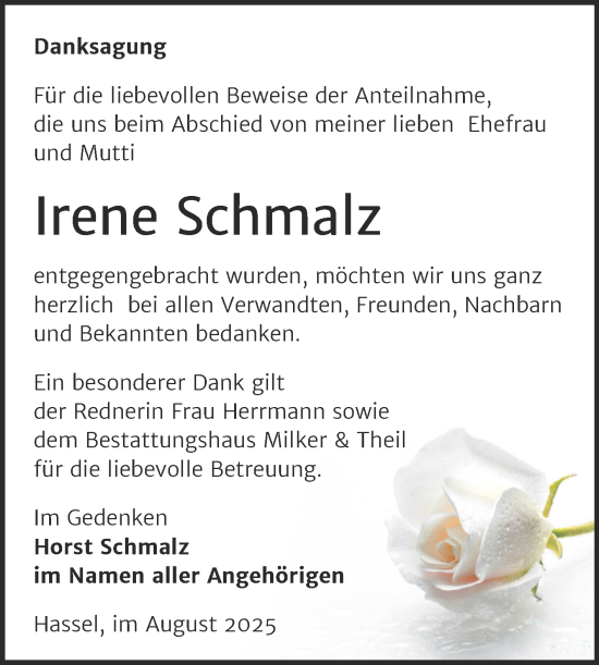 Traueranzeige von Irene Schmalz von Trauerkombi Zeitz