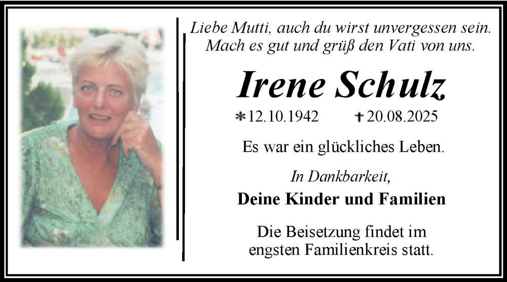  Traueranzeige für Irene Schulz vom 30.08.2025 aus Trauerkombi Dessau