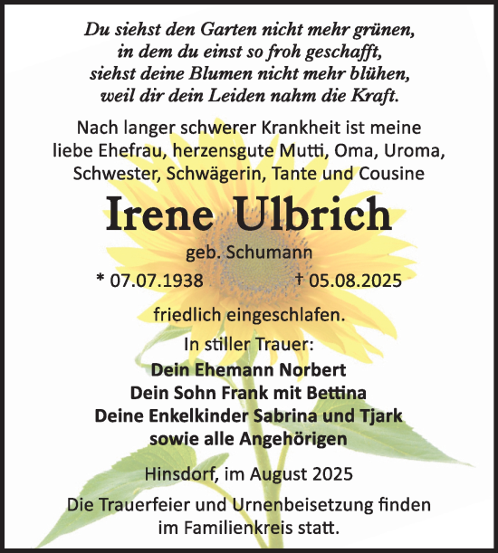 Traueranzeige von Irene Ulbrich von Trauerkombi Köthen