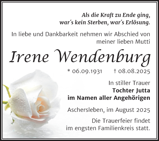 Traueranzeige von Irene Wendenburg von Trauerkombi Aschersleben