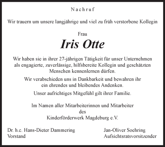 Traueranzeige von Iris Otte von Volksstimme Magdeburg