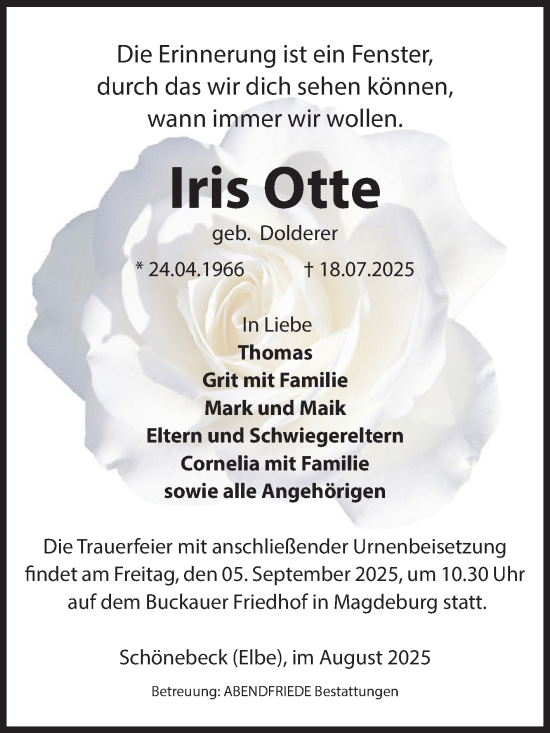Traueranzeige von Iris Otte von Volksstimme Magdeburg