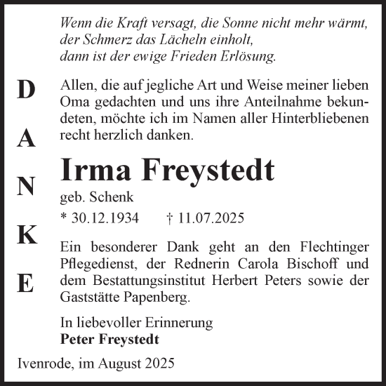 Traueranzeige von Irma Freystedt von Volksstimme Haldensleben/Wolmirstedt