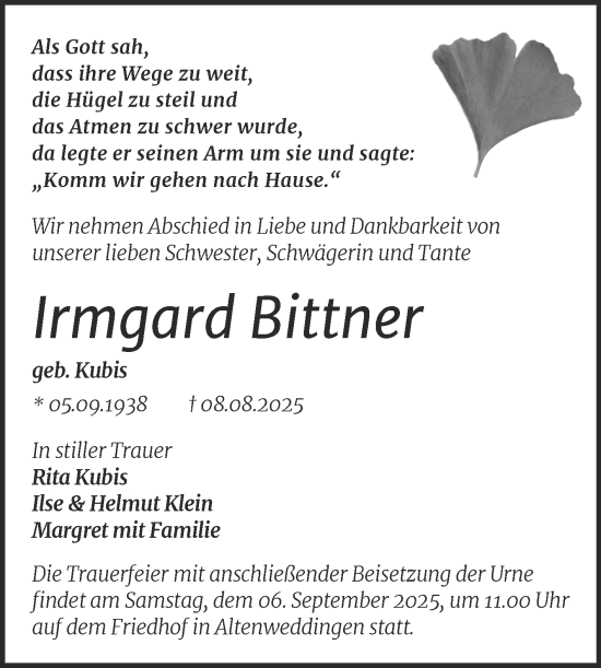 Traueranzeige von Irmgard Bittner von Trauerkombi Aschersleben