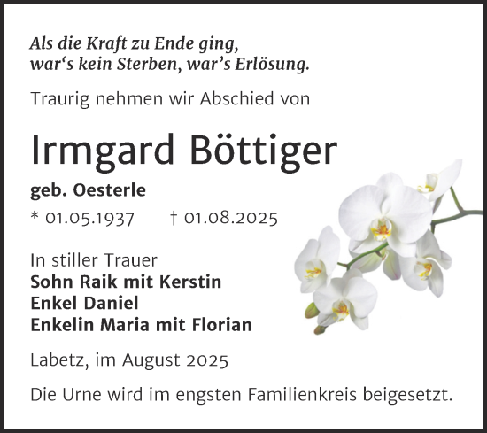 Traueranzeige von Irmgard Böttiger von Trauerkombi Wittenberg