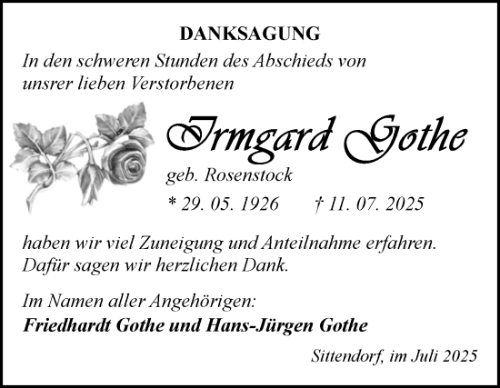 Traueranzeige von Irmgard Gothe von Trauerkombi Sangerhausen