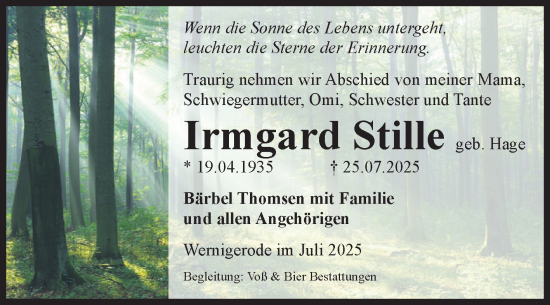 Traueranzeige von Irmgard Stille von Volksstimme Wernigerode