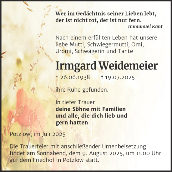 Traueranzeige von Irmgard Weidemeier von Trauerkombi Merseburg