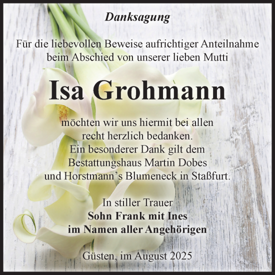 Traueranzeige von Isa Grohmann 