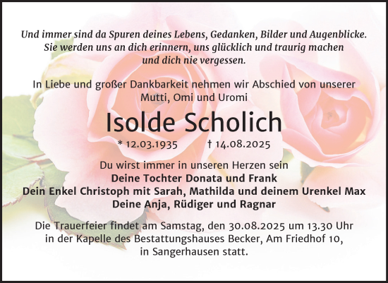 Traueranzeige von Isolde Scholich von Trauerkombi Sangerhausen