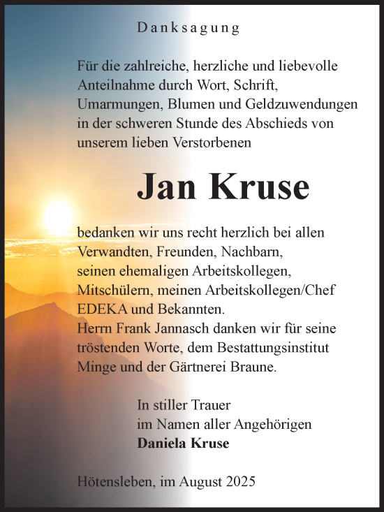 Traueranzeige von Jan Kruse von Volksstimme Oschersleben/Wanzleben