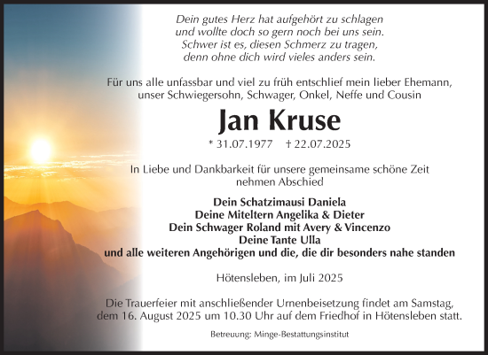 Traueranzeige von Jan Kruse von Volksstimme Oschersleben/Wanzleben