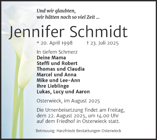 Traueranzeige von Jennifer Schmidt von Volksstimme Halberstadt