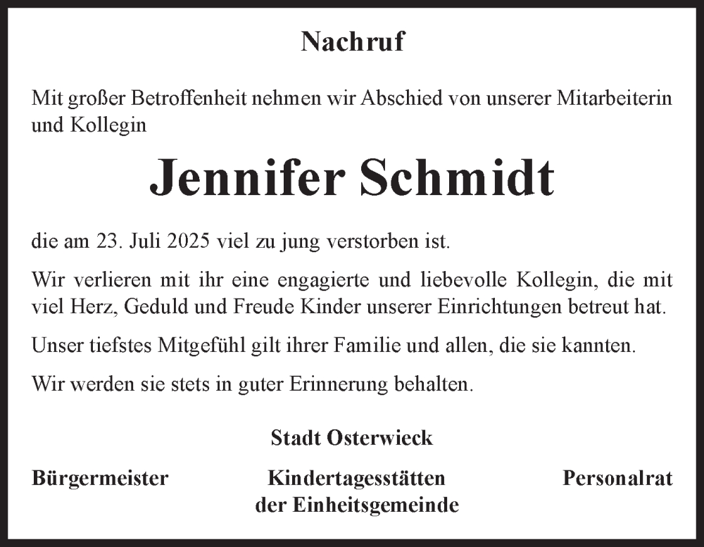  Traueranzeige für Jennifer Schmidt vom 08.08.2025 aus Volksstimme Halberstadt