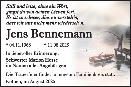 Traueranzeige von Jens Bennemann von Trauerkombi Köthen