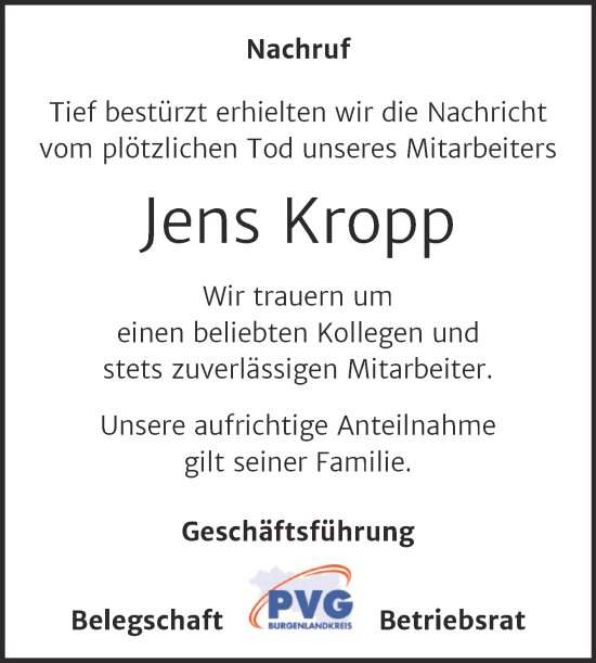 Traueranzeige von Jens Kropp von Super Sonntag Naumburg/Nebra