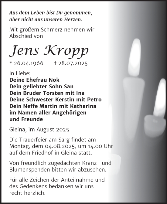 Traueranzeige von Jens Kropp von Super Sonntag Naumburg/Nebra