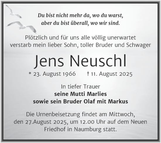 Traueranzeige von Jens Neuschl von Naumburger Tageblatt