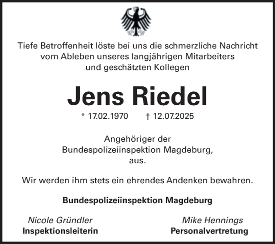 Traueranzeige von Jens Riedel von Volksstimme Oschersleben/Wanzleben