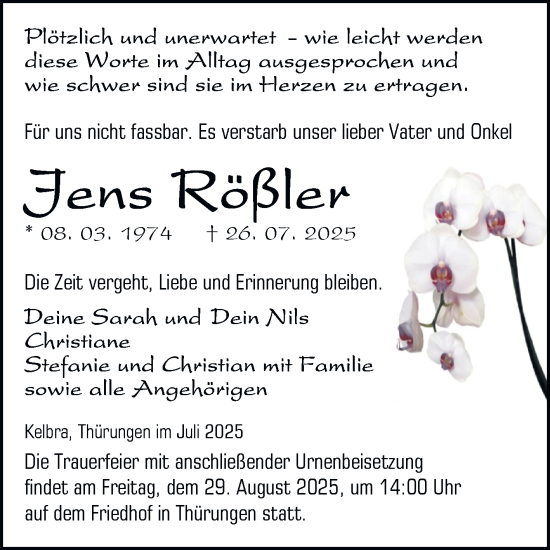 Traueranzeige von Jens Rosfler von Trauerkombi Sangerhausen