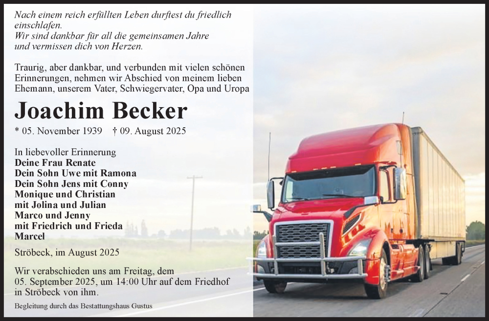  Traueranzeige für Joachim Becker vom 16.08.2025 aus Volksstimme Halberstadt