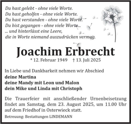 Traueranzeige von Joachim Erbrecht von Volksstimme Halberstadt