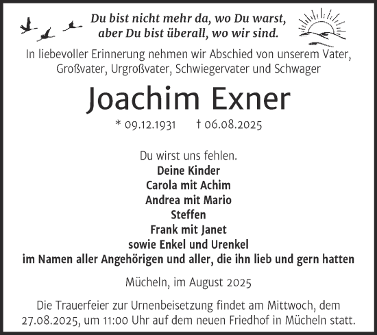 Traueranzeige von Joachim Exner von Trauerkombi Merseburg