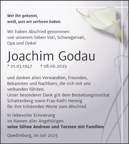 Traueranzeige von Joachim Godau von Trauerkombi Quedlinburg