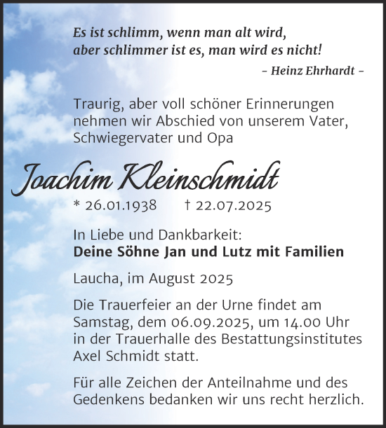 Traueranzeige von Joachim Kleinschmidt von Super Sonntag Naumburg/Nebra