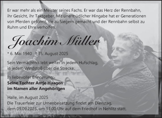 Traueranzeige von Joachim Müller von Mitteldeutsche Zeitung Halle/Saalkreis