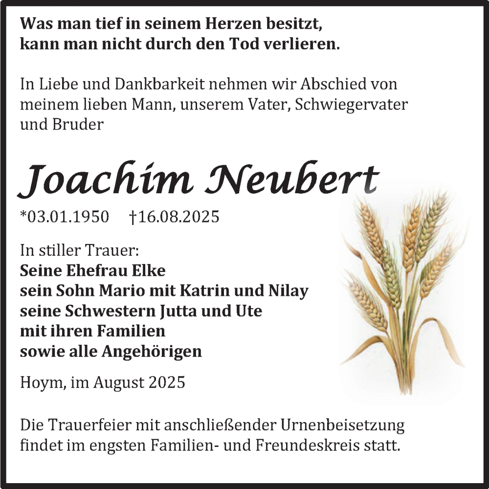  Traueranzeige für Joachim Neubert vom 23.08.2025 aus Trauerkombi Aschersleben
