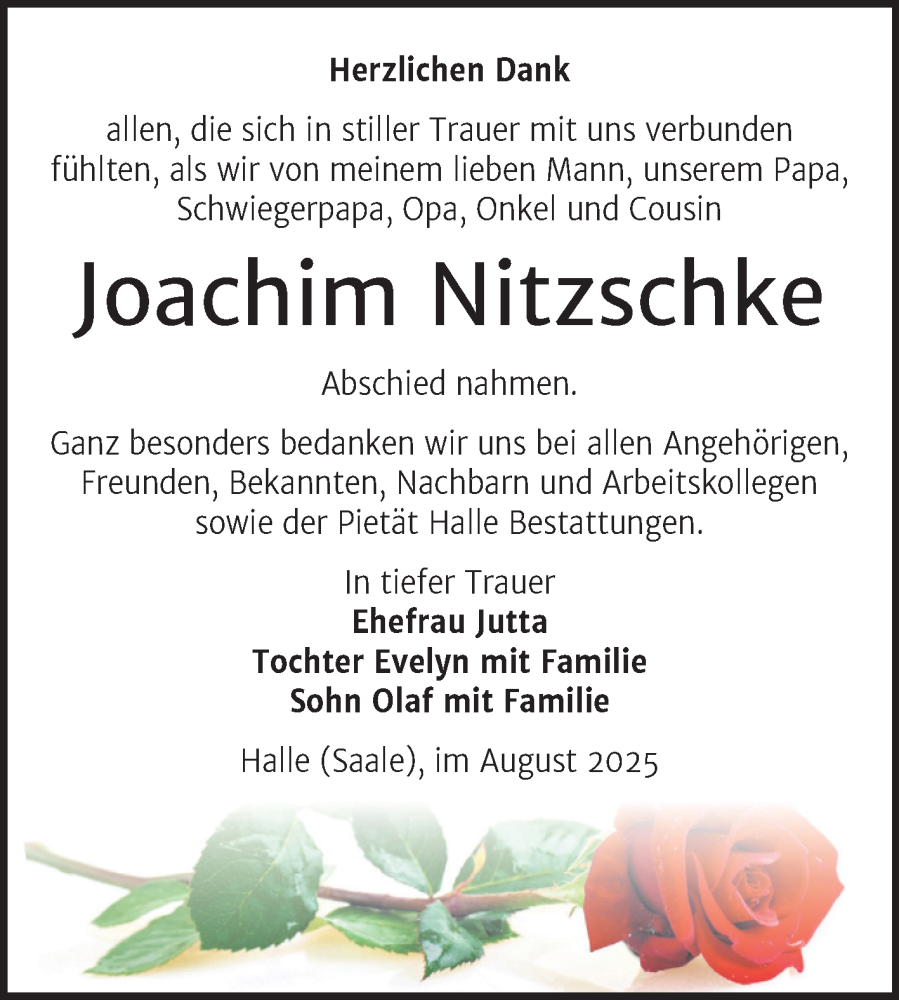  Traueranzeige für Joachim Nitzschke vom 23.08.2025 aus Mitteldeutsche Zeitung Halle/Saalkreis