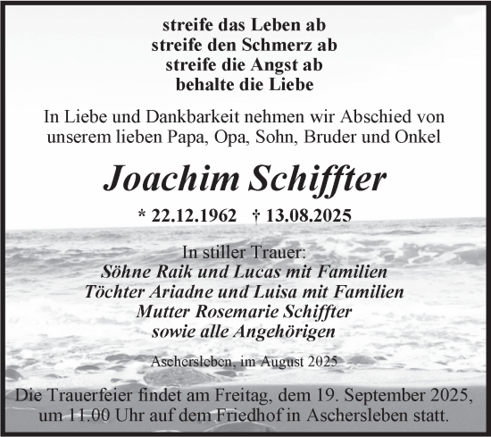 Traueranzeige von Joachim Schiffter von Trauerkombi Aschersleben