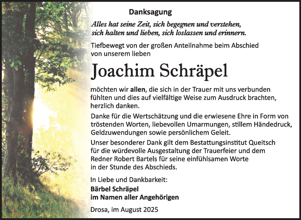  Traueranzeige für Joachim Schräpel vom 16.08.2025 aus Trauerkombi Köthen