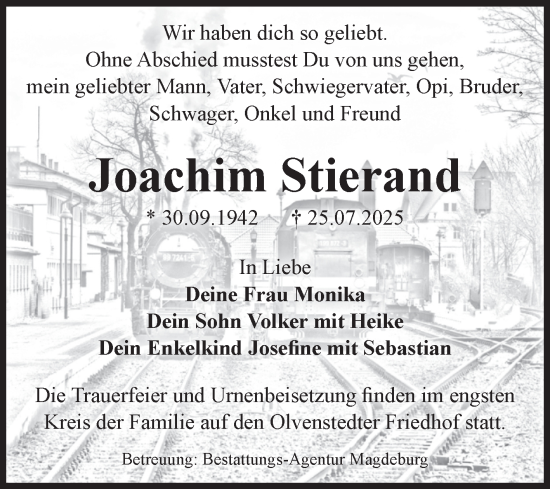Traueranzeige von Joachim Stierand von Volksstimme Magdeburg