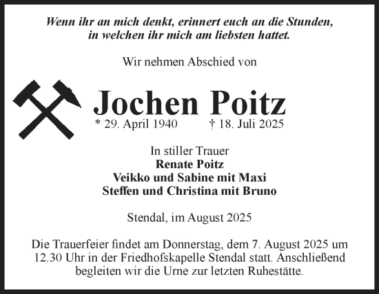 Traueranzeige von Jochen Poitz von Volksstimme Altmark Ost