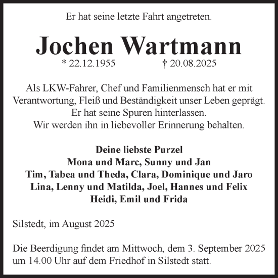 Traueranzeige von Jochen Wartmann von Volksstimme Wernigerode