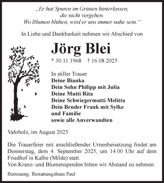 Traueranzeige von Jörg Blei von Volksstimme Altmark West