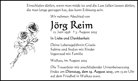 Traueranzeige von Jörg Reim von Volksstimme Altmark Ost