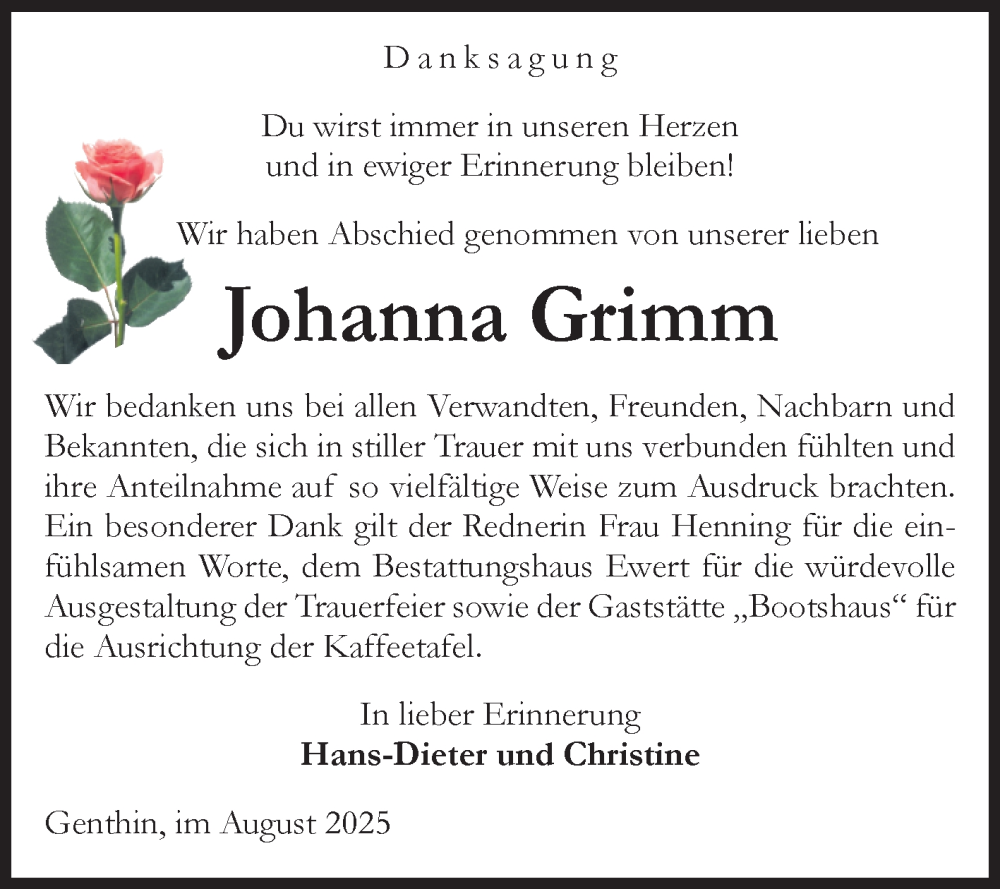  Traueranzeige für Johanna Grimm vom 30.08.2025 aus Volksstimme Burg/Genthin