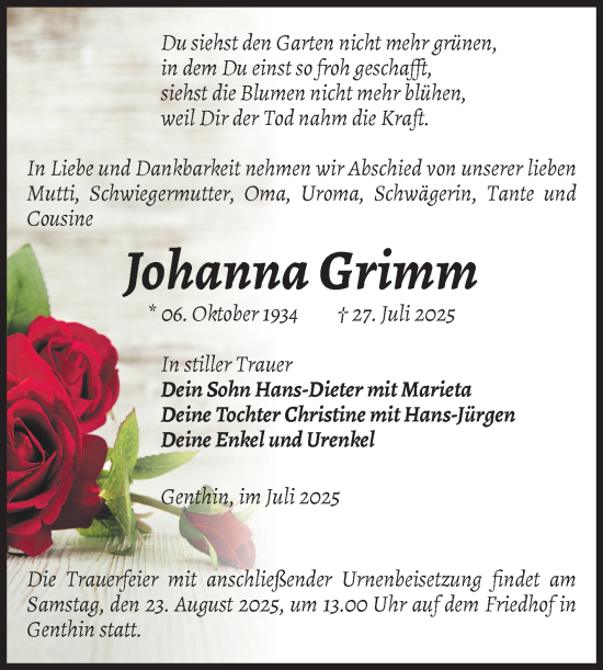 Traueranzeige von Johanna Grimm von Volksstimme Burg/Genthin