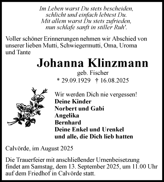 Traueranzeige von Johanna Klinzmann von Volksstimme Haldensleben/Wolmirstedt
