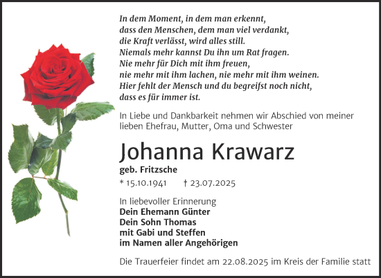 Traueranzeige von Johanna Krawarz von Trauerkombi Merseburg