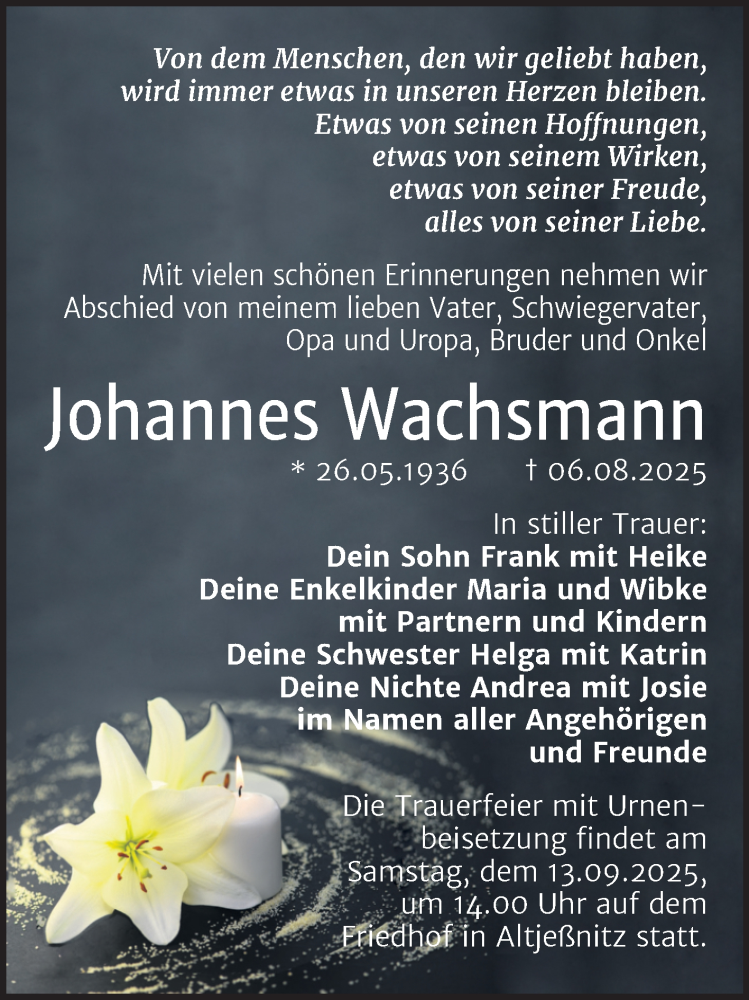  Traueranzeige für Johannes Wachsmann vom 30.08.2025 aus Trauerkombi Bitterfeld