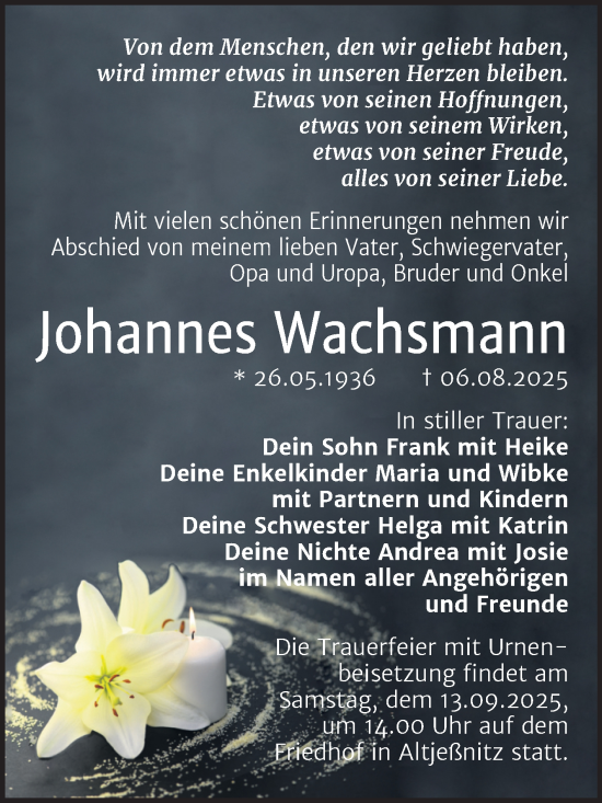 Traueranzeige von Johannes Wachsmann von Trauerkombi Bitterfeld