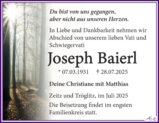 Traueranzeige von Joseph Baierl von Trauerkombi Zeitz